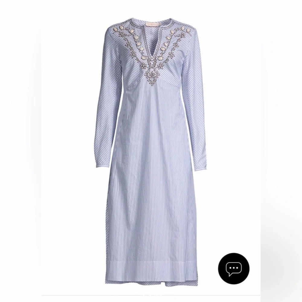 TORY BURCH EMBELLISHED STRIPE STEP HEM MIDI TUNIC DRESS